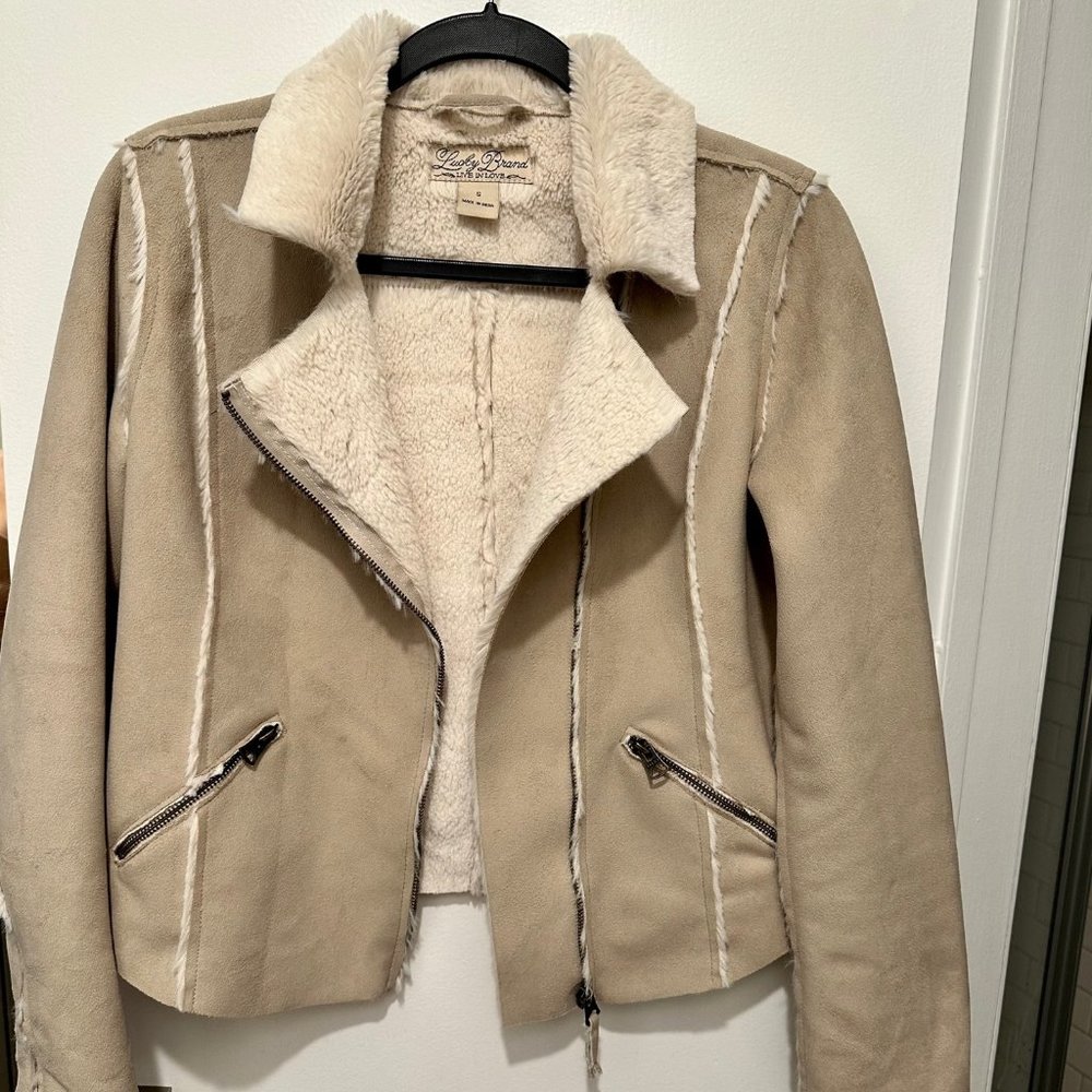Lucky Brand Women's Tan-Beige Faux Suede & Fur Jacket